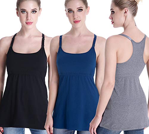 CAKYE 3PACK Nursing Tank Tops Maternity Built in Bra Breastfeeding Cami Shirt (Medium, B-Black+Charcoal+Atrovirens - Second Style)