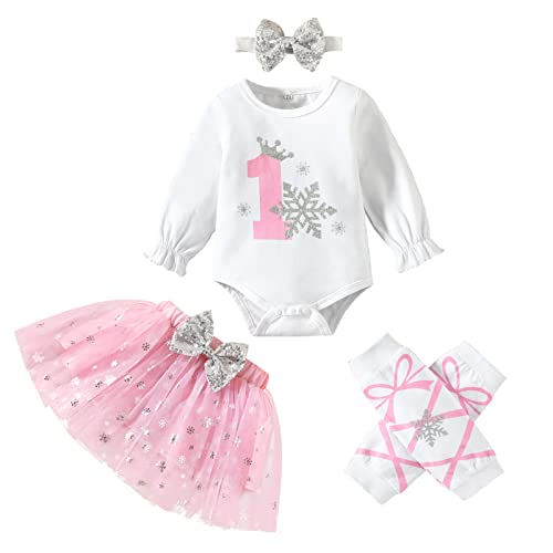 GRNSHTS Baby Girl Birthday Cake Smash Outfit Toddler My 1st Birthday Snowflake Romper+Tutu Skirt+Headband+Leg Warmers Clothes Set (Pink-Snowflake, 12-18 Months)