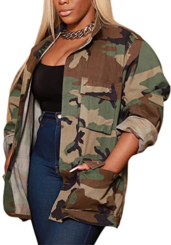 Voghtic Women Casual Camo Jacket Army Military BF Overcoat Long Sleeve Open Front Blazer with Pockets X-Large