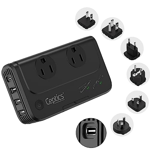 Ceptics - 6 in 1 Travel Adapter and Voltage Converter, 220V to 110V Converter with Surge Protection, Universal Adapter with Types A, C, G, I attachments & 4 USB PD 18W Fast Charging - Black