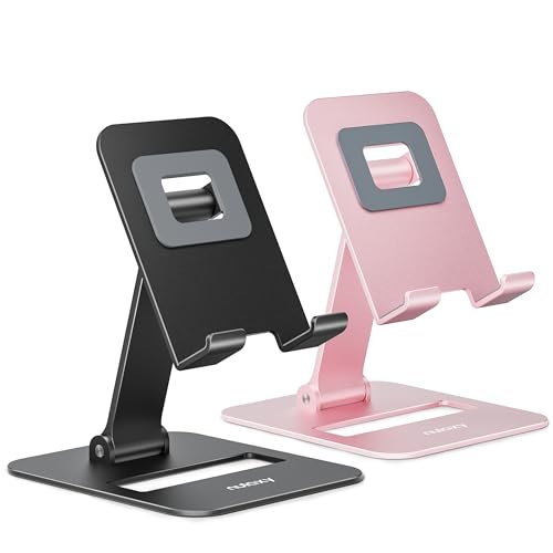 Nulaxy 2 Pack Dual Folding Cell Phone Stand, Fully Adjustable Phone Holder for Desk, Compatible with iPhone 15 14 13 12 11, Nintendo Switch, All Phones, Black & Rose Gold