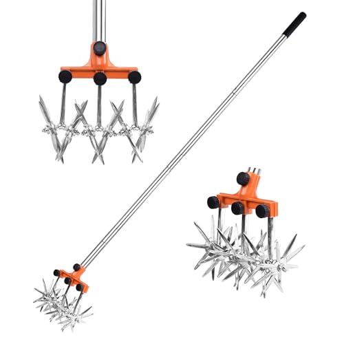 BARAYSTUS Rotary Cultivator Garden Rotary Tiller Adjustable Stainless Steel Poles Hand Tiller for Soil Mixing or Reseeding Grass Lawn Tiller Total Length 57 Inch.
