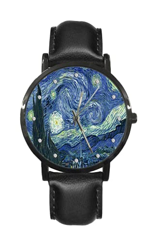 PTCRMG Van Gogh Starry Night Image Custom Quartz Watch Leather Strap Sports Watch Business Leisure Men's Women's Unisex Watch
