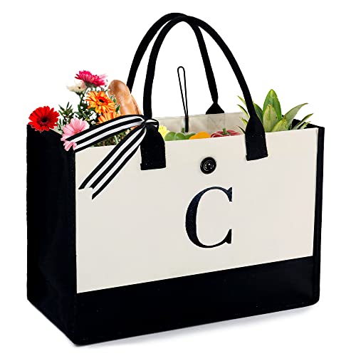 BeeGreen Unique Womens Gifts Initial Tote Bag Monogram 13oz Canvas Tote for Her Mom Teacher Mother Sister Personalized Birthday Gifts for Bridesmaid/21st/30th/50th/40th/60th/70th Birthday Christmas C