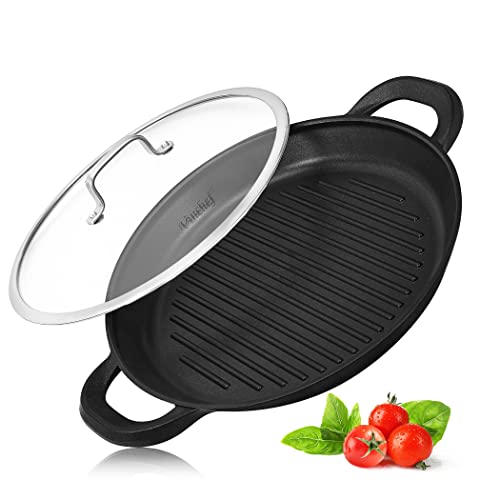 Vinchef Nonstick Grill Pan for Stove tops | 13.0' Skillet, Indoor Induction Cast-aluminum Grill Pan with Lid and Anti-Scalding Tools, GRANITEC Nonstick Coating, Dishwasher & Oven Safe