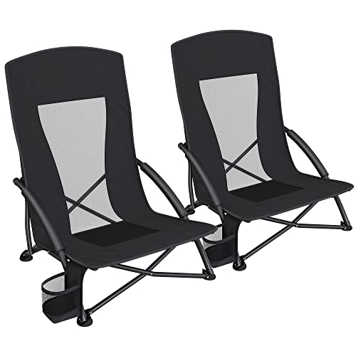 SONGMICS Portable Beach Chairs Set of 2, Folding Camping Chairs with High Backrest, Cup Holder, Outdoor Picnic Chairs, Lightweight, Heavy-Duty, Max. Load 330 lb per Chair, Black UGCB067B01