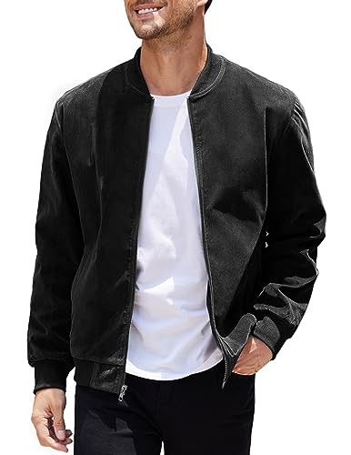 COOFANDY Men's Lightweight Bomber Jacket Vintage Suede Leather Varsity Baseball Jackets