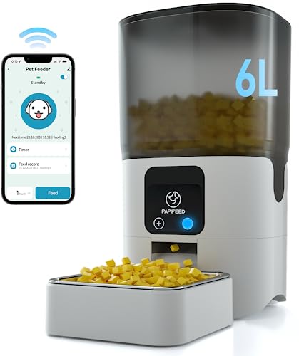 PAPIFEED Smart Automatic Cat Feeders: WiFi Pet Feeder with APP Control for Remote Feeding,Detachable for Easy Clean, Automatic Cat Food Dispenser with Alexa,1-30 Meals Per Day for Large Dog (6L/25Cup)