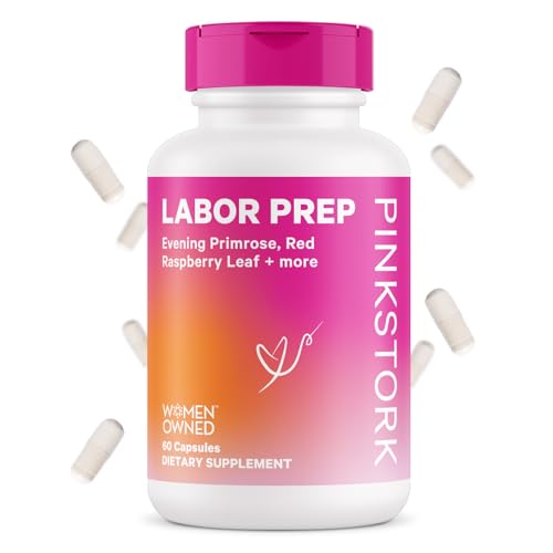 Pink Stork Labor Prep - Evening Primrose Oil Capsules with Red Raspberry Leaf Tea, Folate, and Calcium, Labor and Delivery Essentials, Pregnancy Must Haves, Postpartum Care - 1 Month Supply