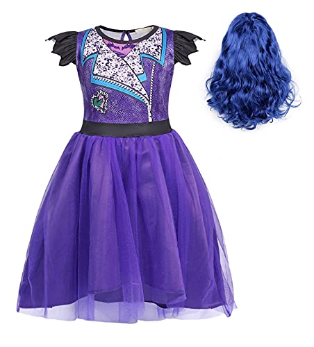 WonderBabe Evie Descendants Costume for Girls Halloween Party Cosplay Costume Princess Purple Dress Outfit with Bule Wig (Purple, 4-5 Years)