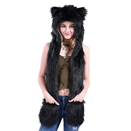 HomDSim Anime Spirit Animal Hood Hoods Furry Hoodie,Faux Fur Hat with Warm Scarf Mittens Gloves Spirit Ears and Paws Black