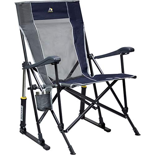 GCI Outdoor Roadtrip Rocker Camping Chair | Portable, Folding Rocking Chair with Solid, Durable Armrests, Drink Holder & Comfortable Extended Backrest — Indigo Blue