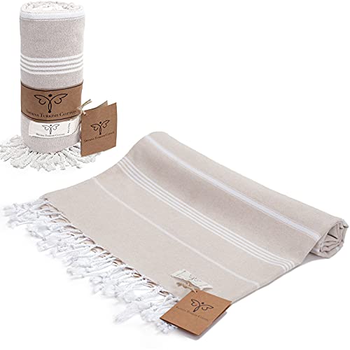 SMYRNA TURKISH COTTON Classical Series Turkish Beach Towel Oversized, 37x71 inch, Extra Large Quick Dry Sand Free Beach Blanket, Lightweight Cotton Pool, Spa, Travel, Gym, Adult Bath Towel, Beige