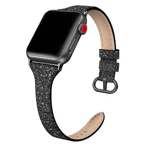 SWEES Genuine Leather Band Compatible for Apple Watch 41mm 38mm 40mm, Shiny Glitter Matte Slim Thin Leather Strap Compatible with iWatch Series 7 6 5 4 3 2 1 SE Sport Edition Women, Glistening Black