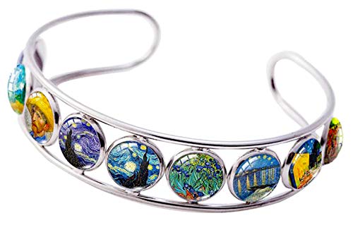 Blazing Autumn Cuff Bracelet Art Pattern Under Glass Dome Jewelry Handmade Teens/Woman (Van Gogh With Straw Hat)