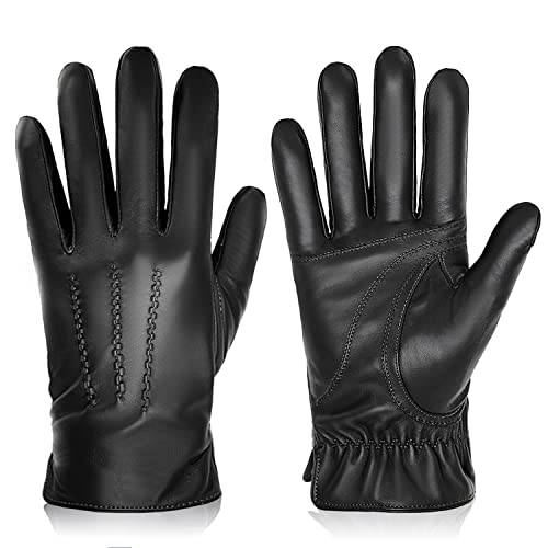 BISON DENIM Winter Genuine Sheepskin Leather Gloves for Men, Touchscreen Texting Warm Cashmere Lined Gloves for Driving (Black-B,Medium)