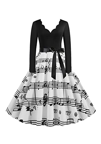 EFOFEI Women's Long Sleeve Music Note Print Dress 1950s Vintage Swing Dress Prom Flared A-Line Cocktail Party Dress Black 3XL