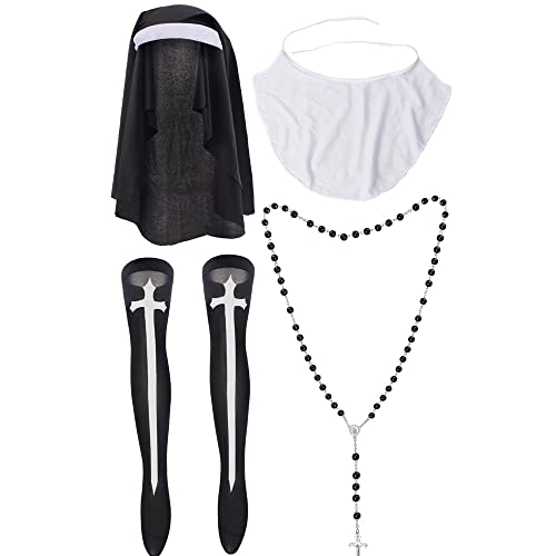 Yewong 4 Pieces Nun Accessory Kit Catholic Nun Costume Hat, Nun Collar, Cross Pendent Necklace, Cross Print Stockings Nun Costume Set for Halloween Nun Fancy Dress (Set-B)