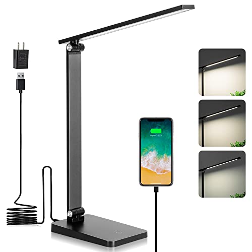 LED Desk Lamp for Home Office, 3 Levels Dimmable Desk Light with USB Charging Port, Small Study Lamp, Reading Light for Table, Black, 5000K