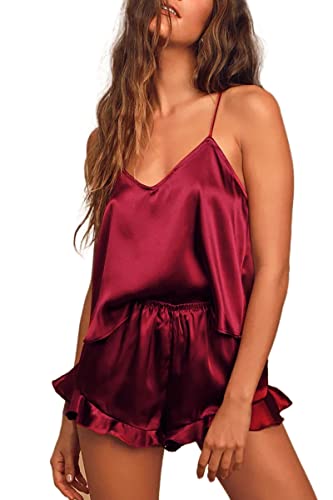CHYRII Women's Sexy Silk Satin PJS Ruffle Cami Tops Shorts 2 PCS Pajamas Sets Nightwear Burgundy M