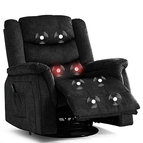 COMHOMA Recliner Chair with Heat and Massage 360 Degree Swivel Rocker Rocking Reclining Chair Overstuffed Home Theater Seating with 6 Side Pockets (Black)