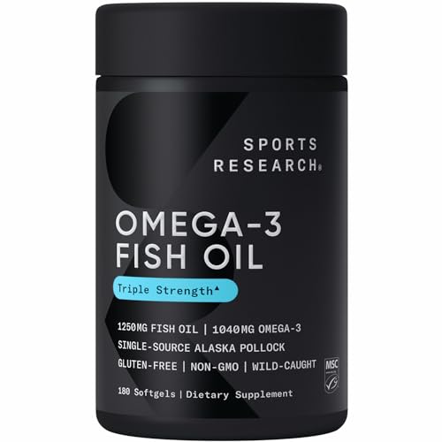 Sports Research Triple Strength Omega 3 Fish Oil - Burpless Fish Oil Supplement w/EPA & DHA Fatty Acids from Single-Source Wild Alaskan Pollock - 1250 mg, 180 ct