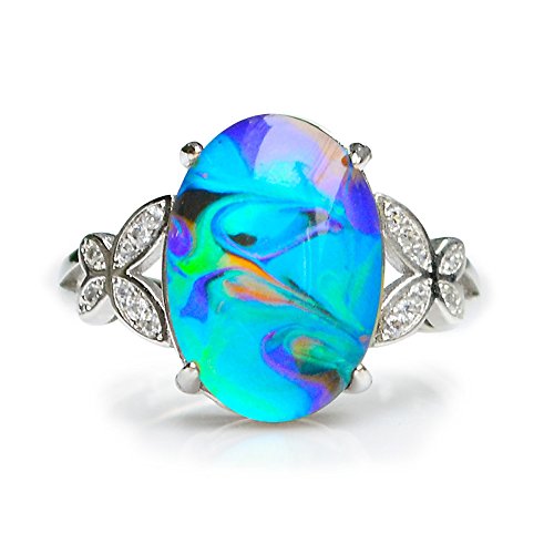 FUN JEWELS Opalescent Swirl Color Changing Oval Crystal Stone Brass Mood Ring Size Adjustable