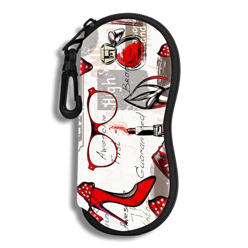 Eyeglass Case Sunglasses Soft Pouch with Belt Clip Ultra Light Neoprene Zipper Eyeglass Case Printed Sunglass Bag for Stylish Portable Travel Glasses Casefor Men & Women(Red High Heels)