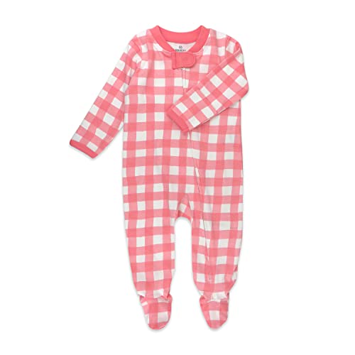 HonestBaby Sleep and Play Footed Pajamas One-Piece Sleeper Jumpsuit Zip-front PJs 100% Organic Cotton for Baby Girls, Strawberry Ice Buffalo Check, 3-6 Months