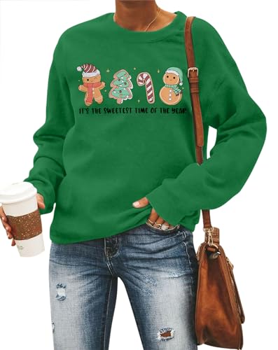 FRYAID Christmas Shirt Women Funny Gingerbread Graphic Sweatshirts Merry Christmas Long Sleeve shirts Casual Pullover Tops Green