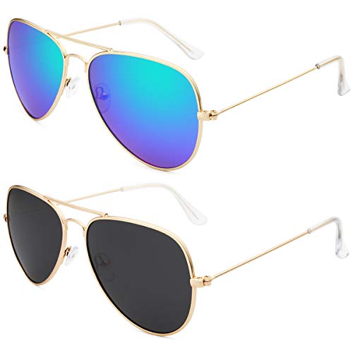 Livhò Sunglasses for Men Women Aviator Polarized Metal Mirror UV 400 Lens Protection (Gold Grey+Blue Green)