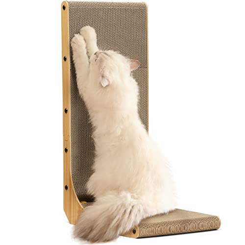 FUKUMARU Cat Scratcher, 26.8 Inch L Shape Cat Scratch Pad Wall Mounted, Cat Scratching Cardboard with Ball Toy for Indoor Cats, Large Size