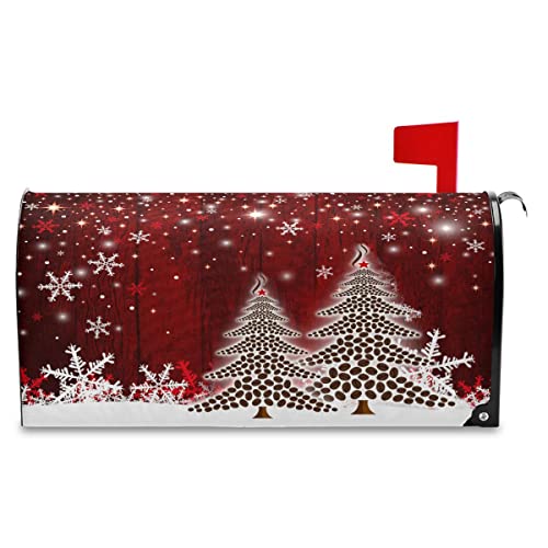 Merry Christmas Tree Winter Snowflake Pine Mailbox Covers Standard Size Red Christmas Tree Wood White Snow Magnetic Mail Wraps Cover Letter Post Box 21' Lx 18' W
