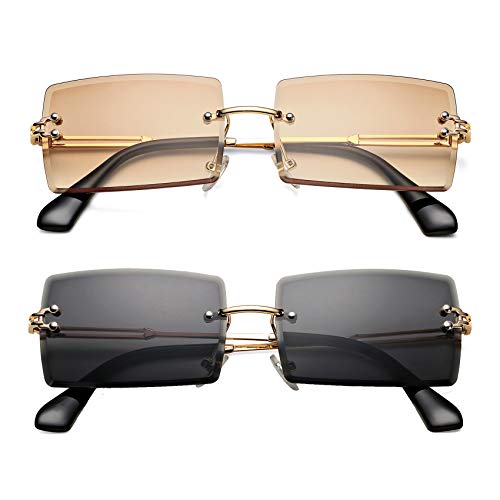 Rectangle Sunglasses for Men/Women Small Rimless Square Shade Eyewear (Tea + Black)