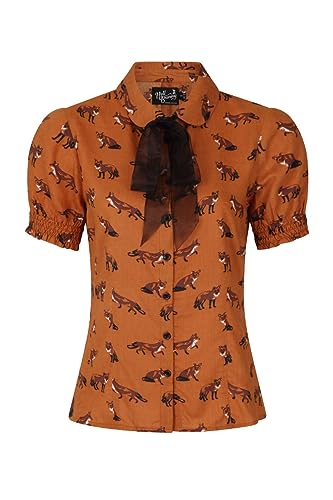 Hell Bunny Vixey Fox Print Top 50's Vintage Retro Pinup Short Sleeve Bow Blouse - Brown (3XL)