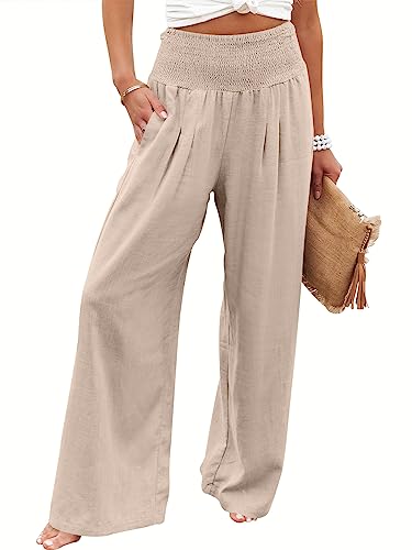 ANRABESS Women Linen Palazzo Pants Summer Boho Wide Leg High Waist Casual Lounge Pant 2024 Beach Travel Vacation Outfits Almond Small