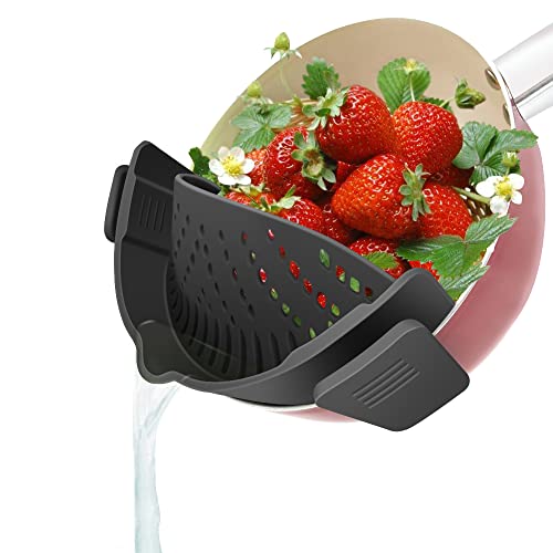 YEVIOR Clip on Strainer for Pots Pan, Silicone Kitchen Food Hands-Free Strainer for Spaghetti, Pasta, Ground Beef Fits All Bowls and Pots - Black