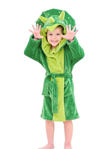 LOLANTA Little Boys' Girls' Hooded Thick Plush Bathrobes Kids Dinosaur Dressing Gown Gift(Green, 2-3 Years)