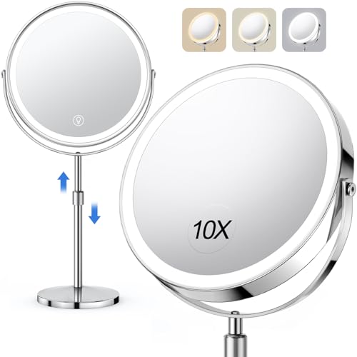10x Large Lighted Makeup Mirror, Rechargeable 8' Height Adjustable Vanity Mirror, 1x/10x Magnifying Mirror with 3 Color, Brightness Adjustable, 360° Rotation Double Sided Mirror, Gift for Women