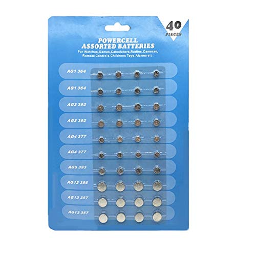 Cotchear 40pcs Alkaline Cell Batteries Assorted 1.5 Volt AG1/LR621 AG3/LR41 AG4/LR626 AG5/LR754 AG12/LR43 AG13/LR44 Coin Batteries Set 0% Mercury