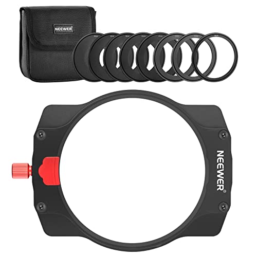 NEEWER Square Metal Filter Holder for 2mm Thick 100x100/100x150 Square Filters with 8 Filter Adapter Rings (49/52/58/62/67/72/77/82mm) Compatible with Cokin L/Z Series Filters, Compatible with K&F