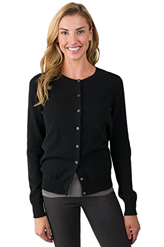 JENNIE LIU Women's 100% Cashmere Button Front Long Sleeve Crewneck Cardigan Sweater (1575, Black, Medium)