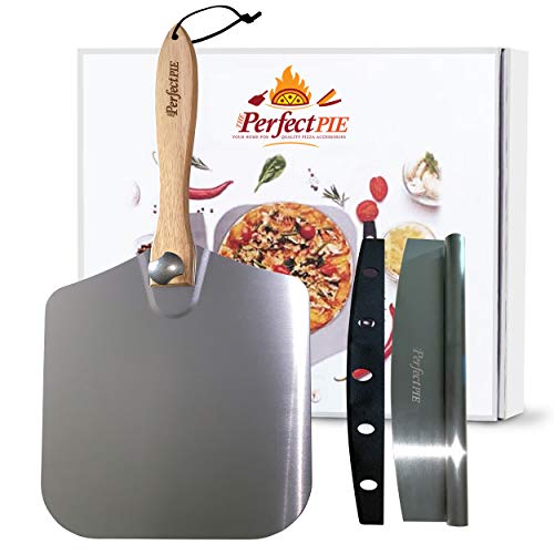 THE PERFECT PIE Premium Pizza Peel 12' x 14' Aluminum Pizza Paddle with Foldable Handle for Storage and 14” Rocker Cutter with Protective Cover. Gourmet Spatula and Cutter Set for Homemade Pizza.