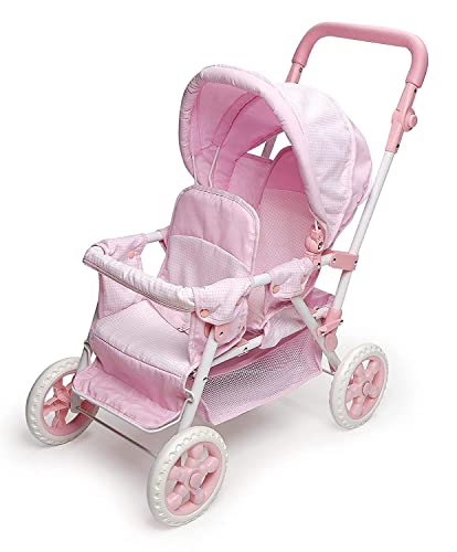 Badger Basket Toy Doll Folding Front-to-Back Double Stroller with Canopy for 18 inch Dolls - Pink/Gingham