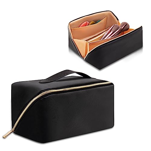 QFDS Large Capacity Travel Cosmetic Bag - Makeup Bag,Portable Leather Waterproof Women Travel Makeup Bag Organizer,with Handle and Divider Flat Lay Cosmetic Bags,Suitable for Makeup in Car/Party