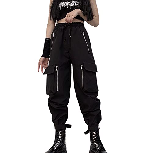 MEINVQIAOTI Black Cargo Pants Women Loose Chained Pants Multi-Pocket Multi-Zip Punk Goth Pants(Black,M)