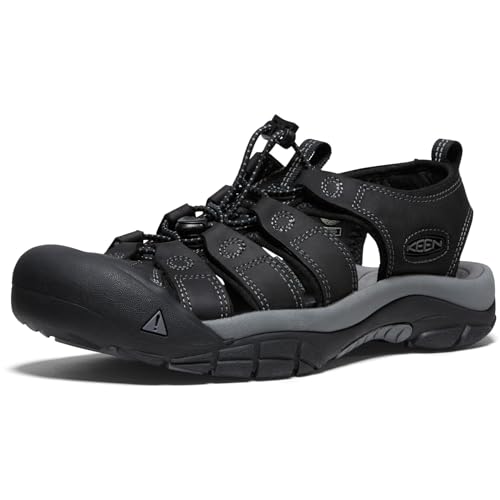 KEEN Men's Newport Closed Toe Leather Sandals, Black/Steel Grey, 11 US