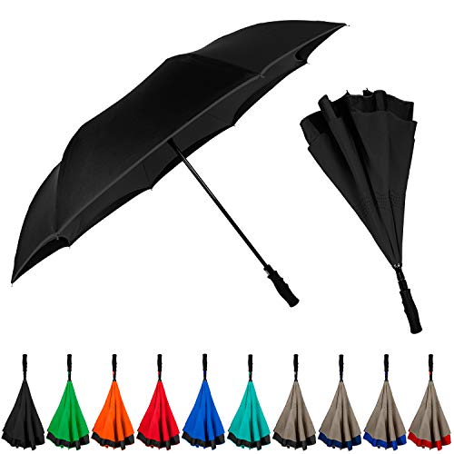 StrombergBrand Inversa Umbrella (Reversible Umbrella), Double Layer Large Windproof, Waterproof & Lightweight Inverted Umbrella For Women and Men, Self Standing Umbrella Reverse Close - Black