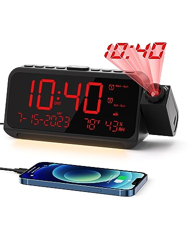 ROCAM Projection Clock for Bedroom, Digital Clock with 350° Projector on Ceiling Wall with 5-Level Dimmer, USB Ports, Dual Loud Alarm Clock with Weekend/Weekday Mode, Date, Temp, Night Light, Snooze