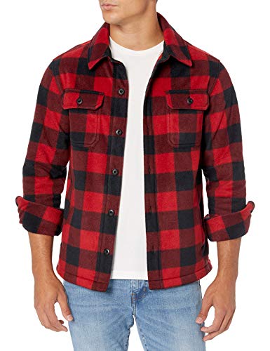 Amazon Essentials Men's Long-Sleeve Polar Fleece Shirt Jacket, Red Buffalo Check, Medium